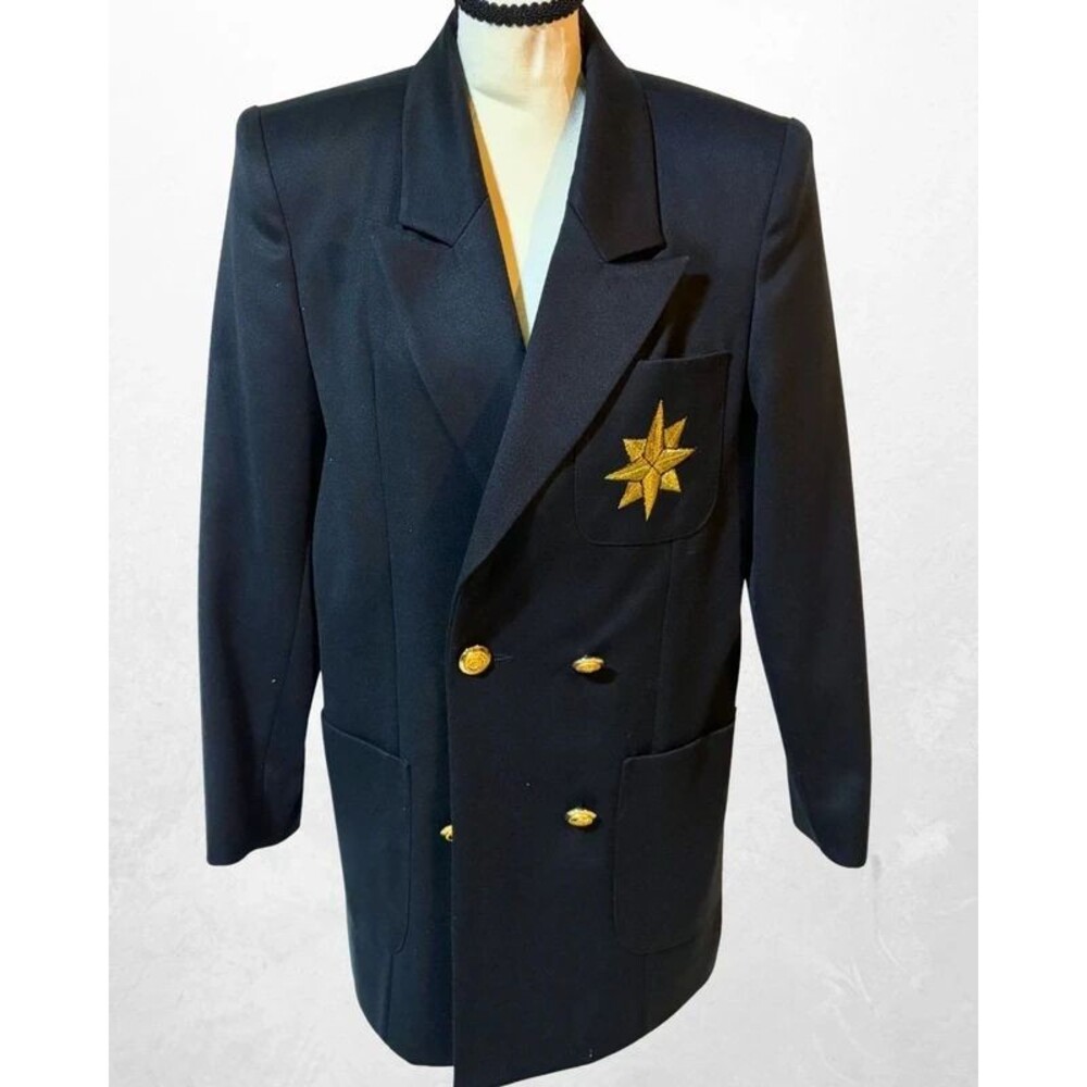 Escada Margaretha Ley Vintage Black Blazer Gold Crest Buttons Sunburst Star